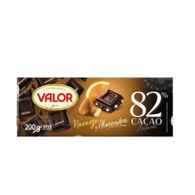 Chocolate Valor 82%, Naranja y Almendras 200g.