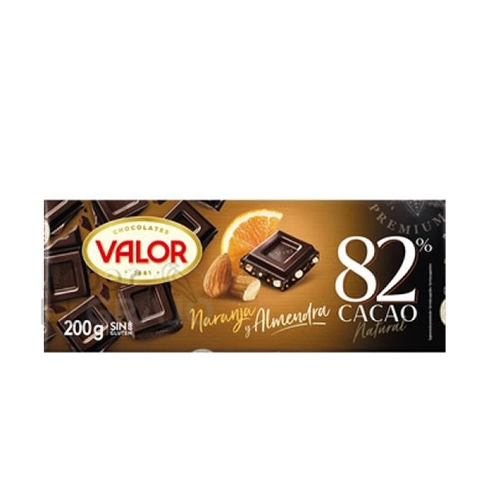 Chocolate Valor 82%, Naranja y Almendras 200g.