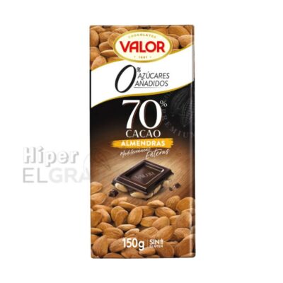 Chocolate Negro 70% con Almendras, Valor, 0% Azúcar, 150gr.