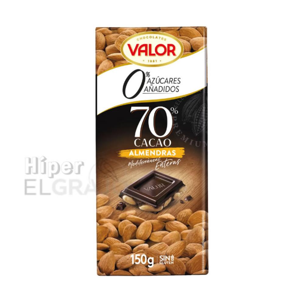 Chocolate Negro 70% con Almendras, Valor, 0% Azúcar, 150gr.